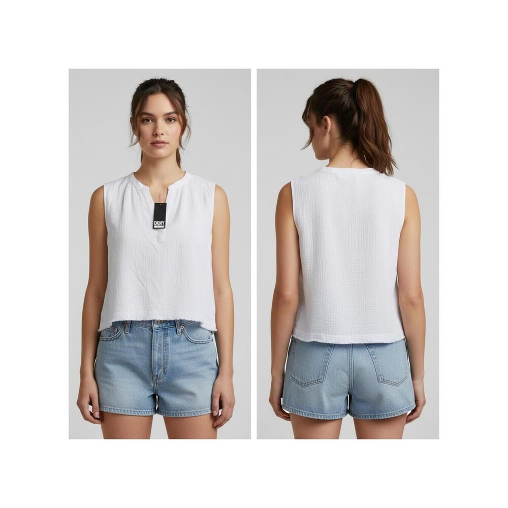 DKNY Jeans White Sleeveless Top Raw Hem Textured Cotton Blend XL